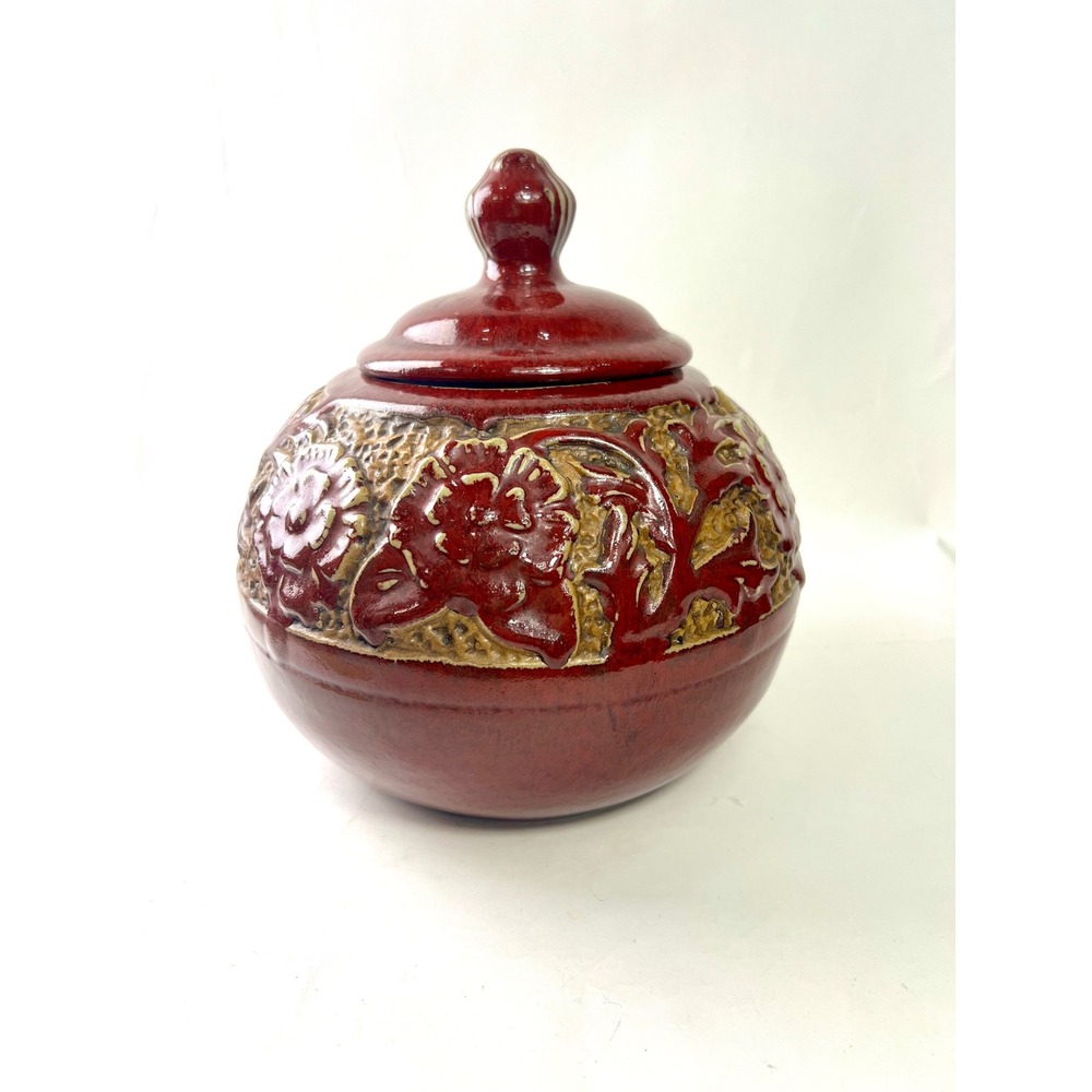 Vintage Red Glazed Ceramic Ginger Jar Embossed Floral Rose Lidded Urn‎ Pottery